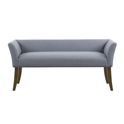 The Elegant Design Bench Upholstery features a modern light gray fabric, flared armrests, nailhead trim along the bottom edge, and sturdy dark solid wood legs, set against a plain white background.