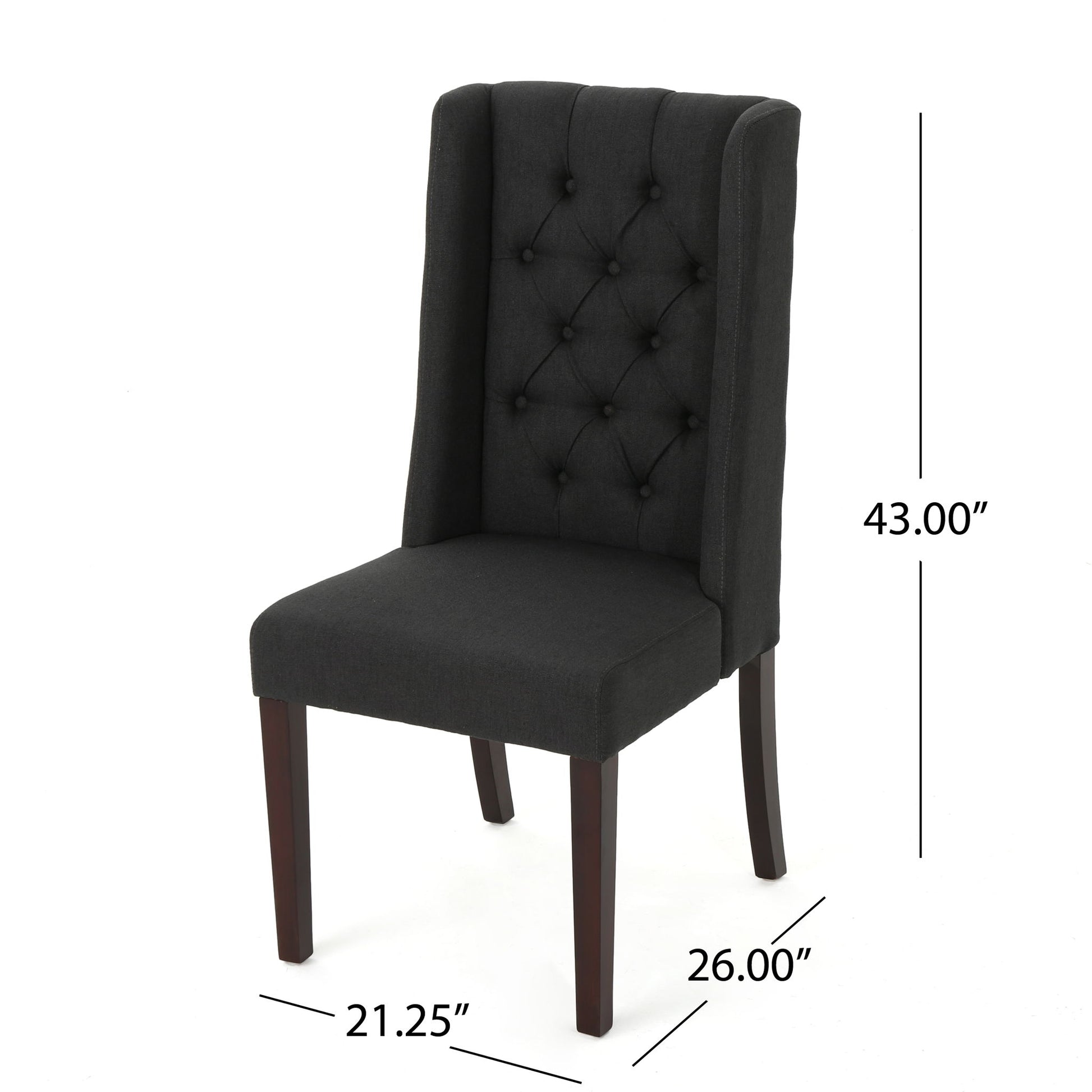 The Sophisticated Tufted Dining Chair With High Back Design is upholstered in black, features button tufting on the backrest, dark wooden legs, and measures 43"H x 26"D x 21.25"W.