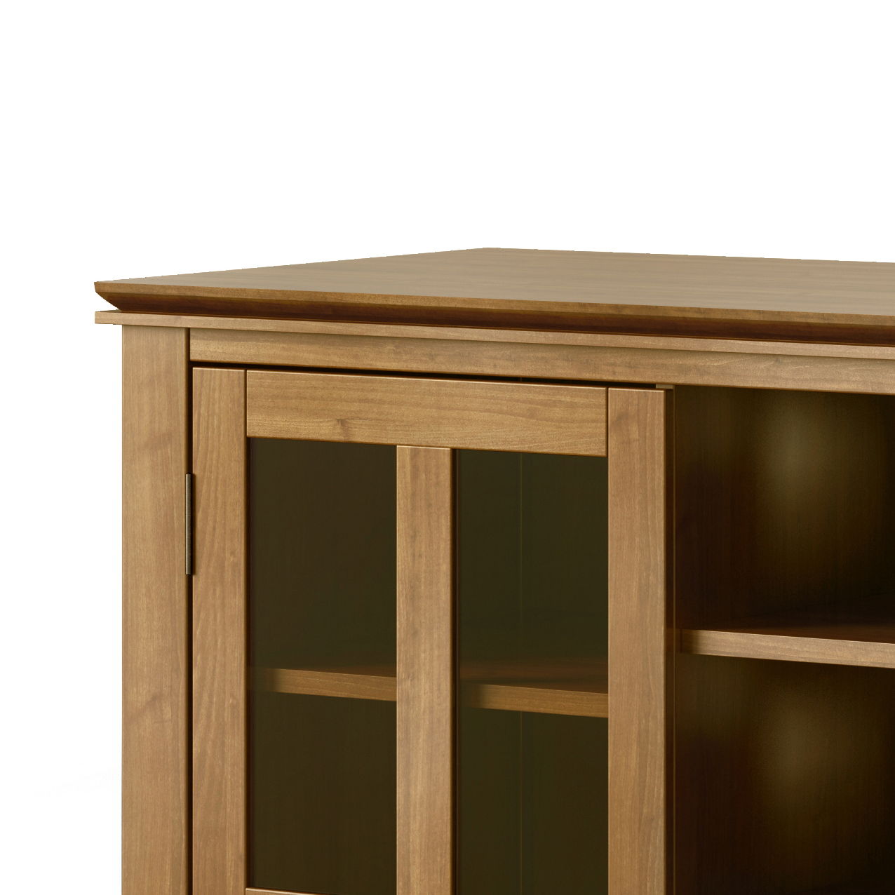 A close-up of the Artisan Handcrafted Tall TV Media Stand, featuring glass panel doors, visible shelving inside, a smooth light brown finish, and a simple modern design.