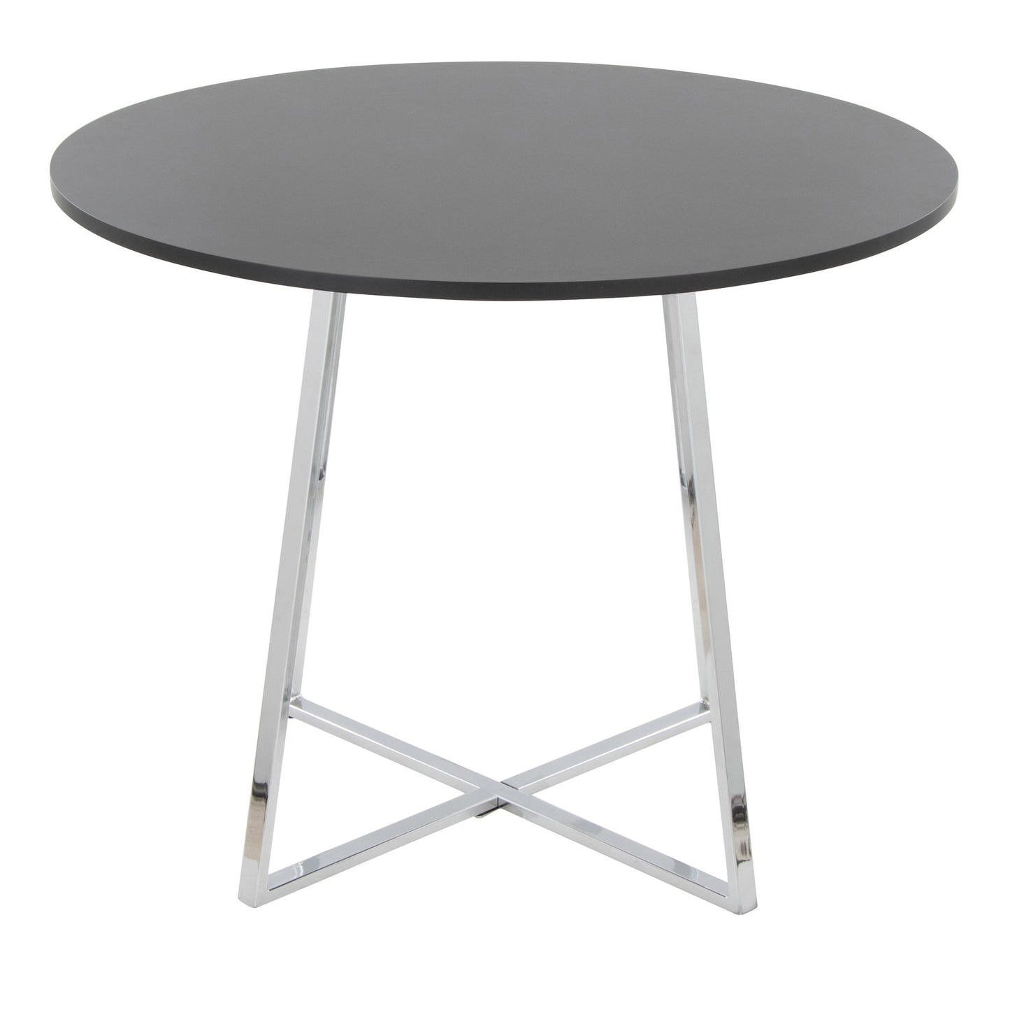 The Cosmo - Canary Contemporary Dining Table features a smooth dark gray top and sleek crossed chrome legs, offering a modern, round design.