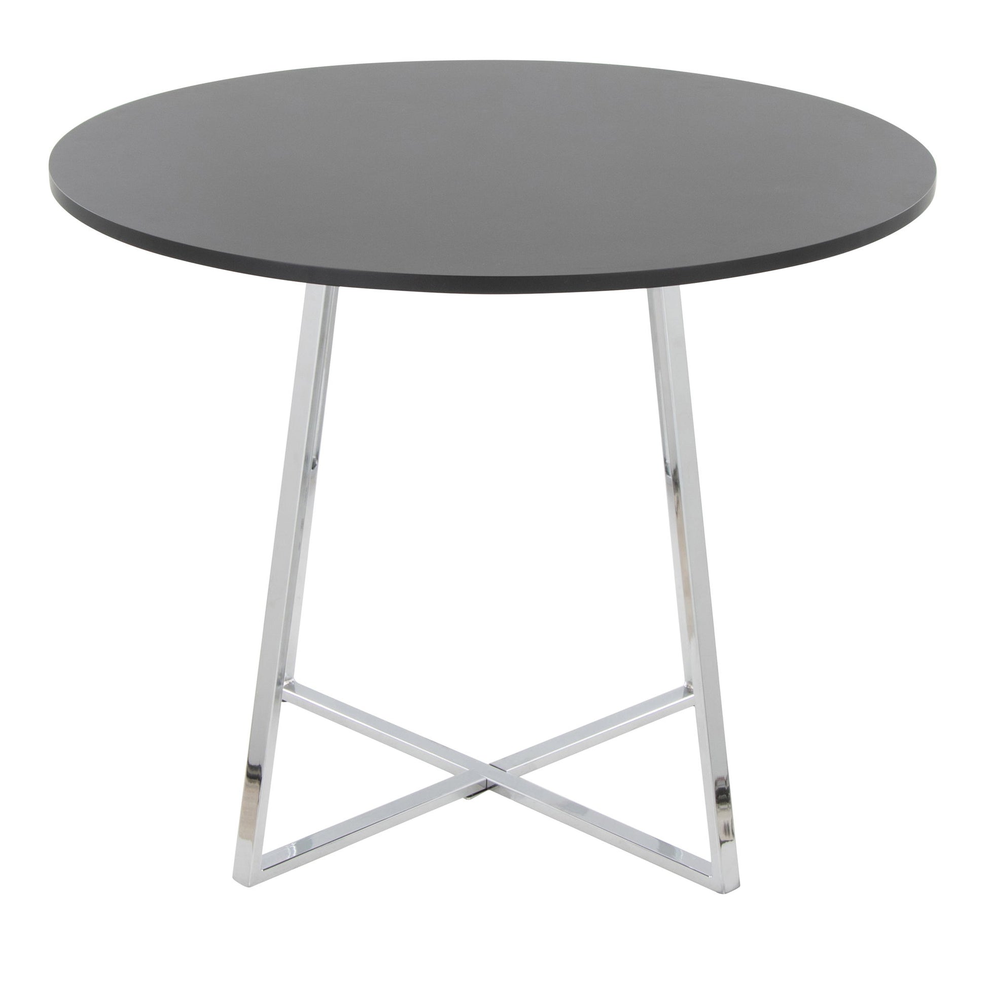 The Cosmo - Canary Contemporary Dining Table features a smooth dark gray top and sleek crossed chrome legs, offering a modern, round design.