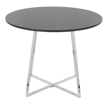 The Cosmo - Canary Contemporary Dining Table features a smooth dark gray top and sleek crossed chrome legs, offering a modern, round design.