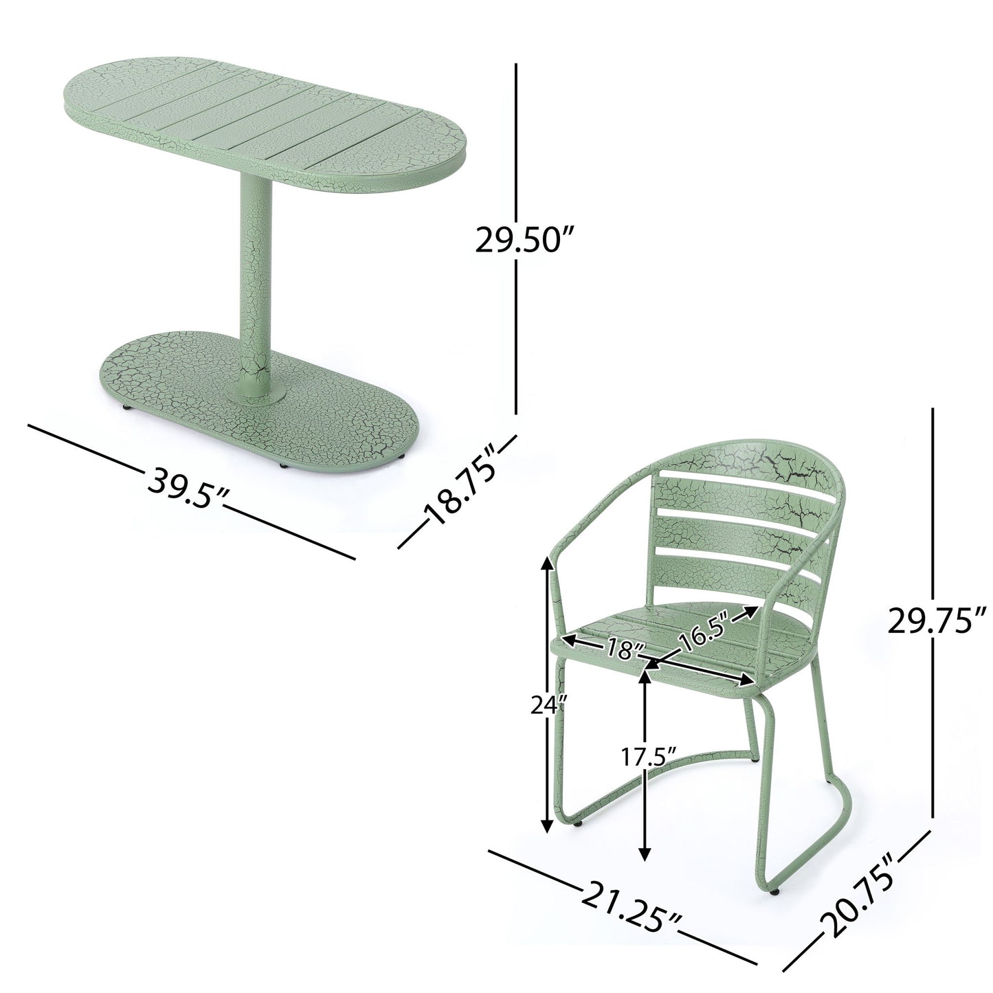 3 Piece Elegant Outdoor Bistro Set with 2 chairs and an oval table. Table: 39.5"L x 18.75"W x 29.5"H; Chairs: 29.75"H x 21.25"W x 20.75"D, seats are 24"W x 18"D with an arm gap of 16.5". Perfect for outdoor use!.