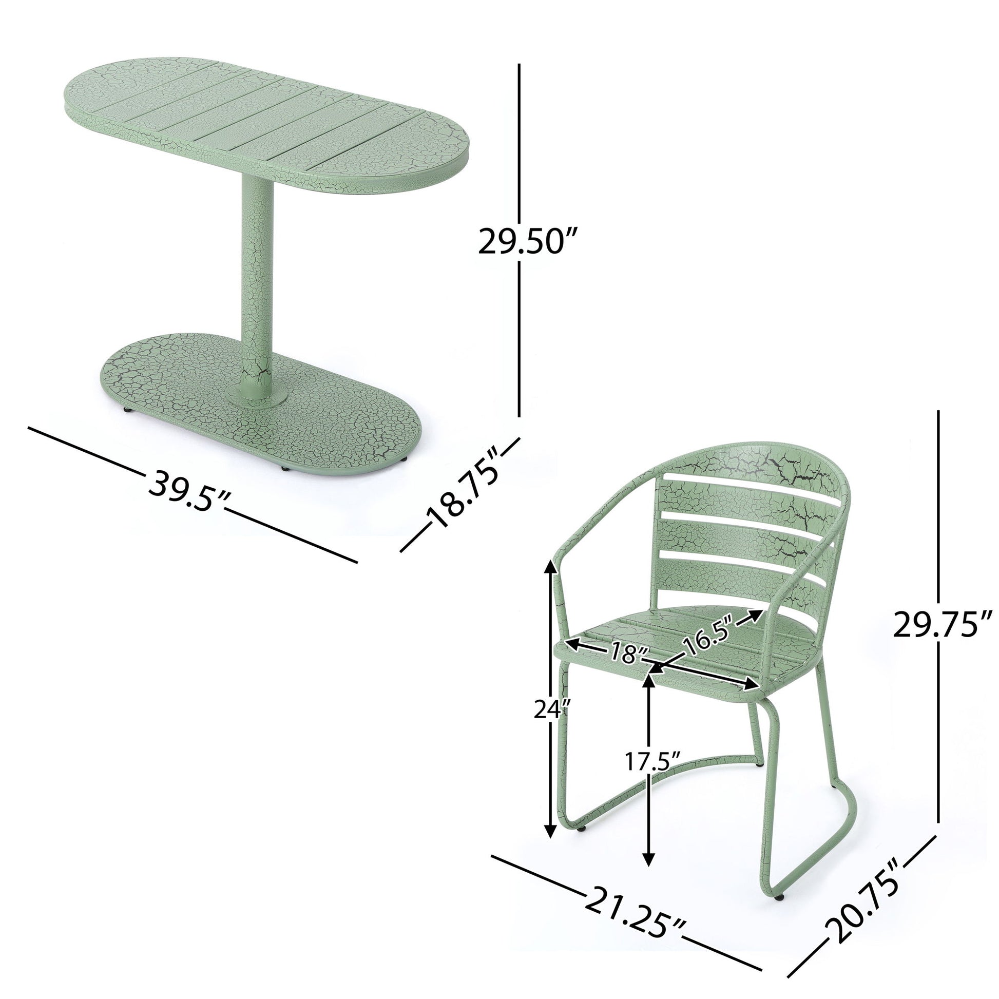 3 Piece Elegant Outdoor Bistro Set with 2 chairs and an oval table. Table: 39.5"L x 18.75"W x 29.5"H; Chairs: 29.75"H x 21.25"W x 20.75"D, seats are 24"W x 18"D with an arm gap of 16.5". Perfect for outdoor use!.