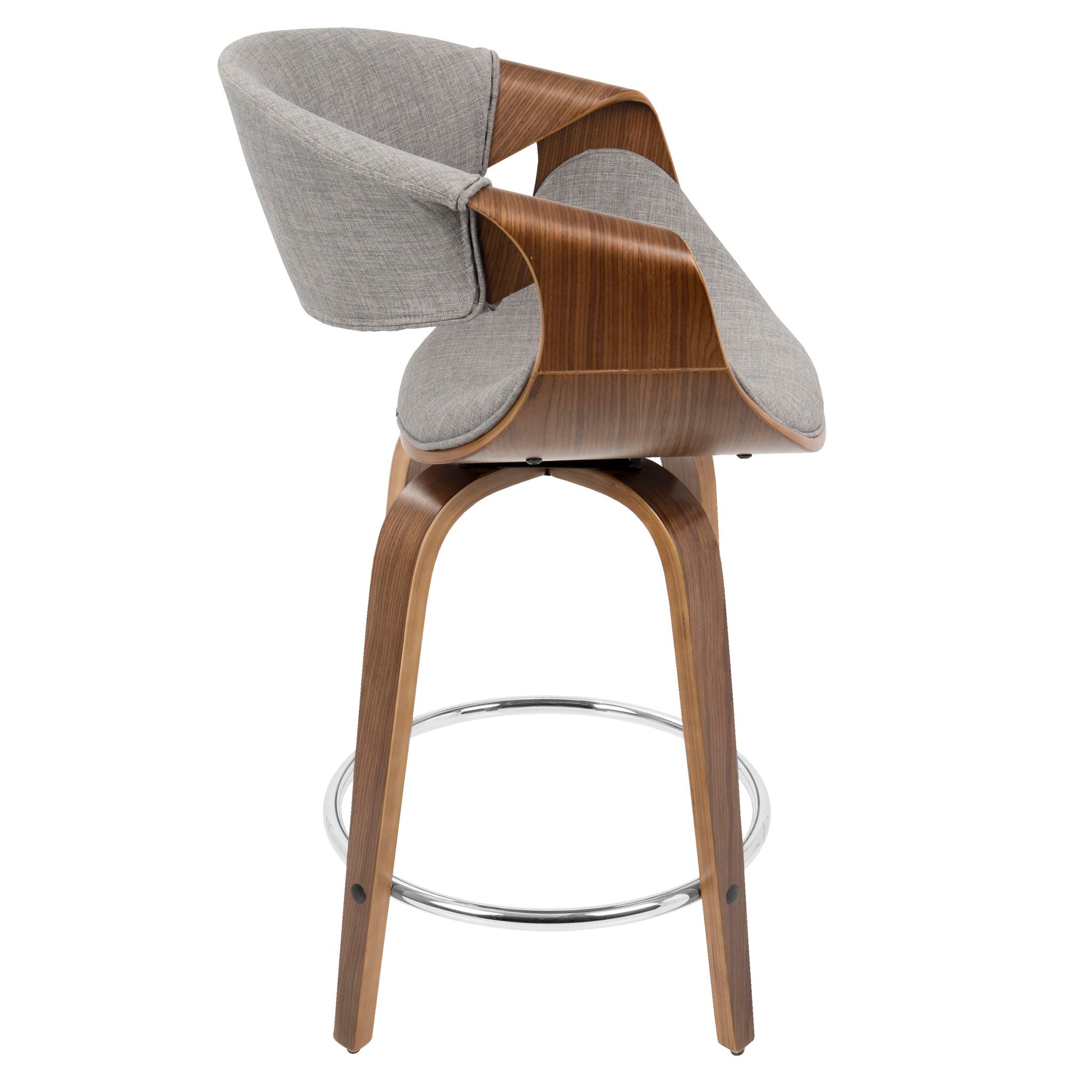 The Curvini Mid-Century Modern Fixed Height Counter Stool (Set of 2) features a curved wooden frame, gray upholstered seat and backrest, swivel function, and circular metal footrest for a sleek, contemporary look.