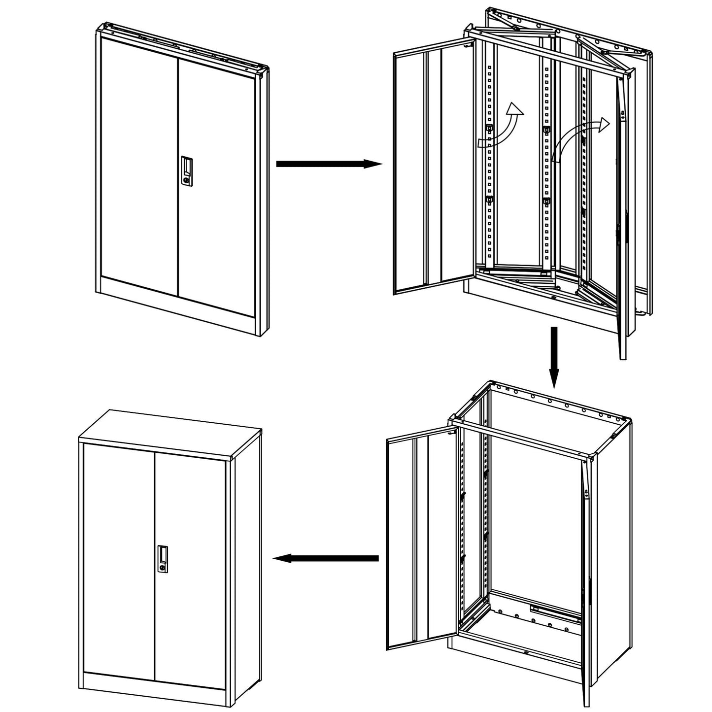 Line drawings show the Metal Storage Cabinet With Locking Doors And Adjustable Shelf: the top row shows both doors opening outward, while the bottom row shows one door open to reveal interior shelves. Black arrows indicate door movement.