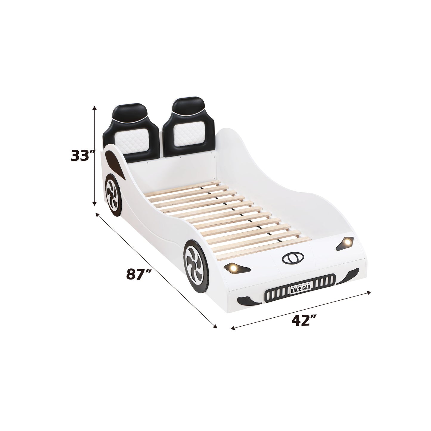 The Colen - Twin Car Bed With LED features a white car-shaped frame with black accents, a headboard styled as two car seats, and measures 87" L x 42" W x 33" H.