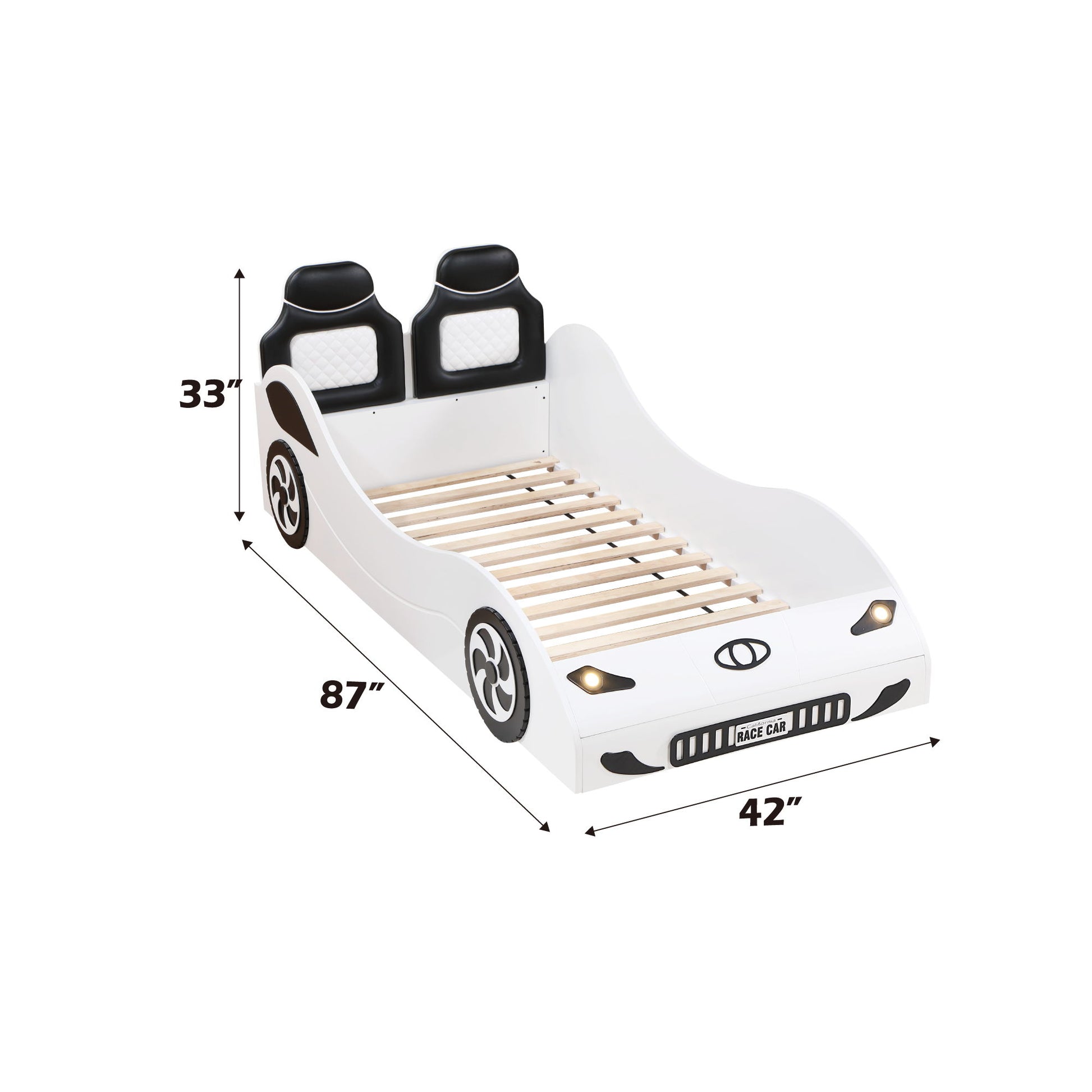 The Colen - Twin Car Bed With LED features a white car-shaped frame with black accents, a headboard styled as two car seats, and measures 87" L x 42" W x 33" H.