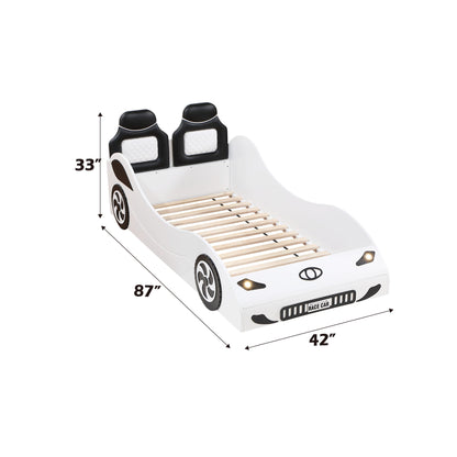 The Colen - Twin Car Bed With LED features a white car-shaped frame with black accents, a headboard styled as two car seats, and measures 87" L x 42" W x 33" H.
