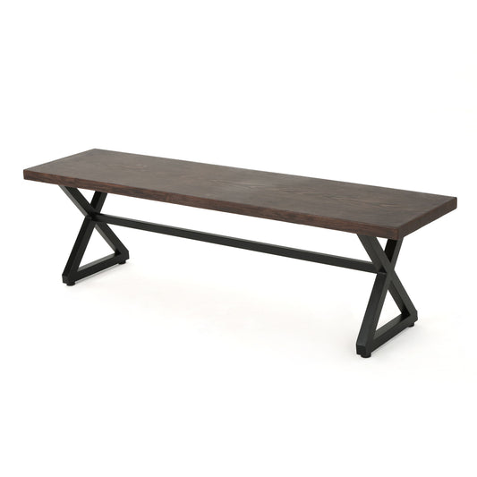 A Modern Aluminum Outdoor Dining Bench with an X-shaped base, featuring a sleek dark rectangular top and shown on a white background.