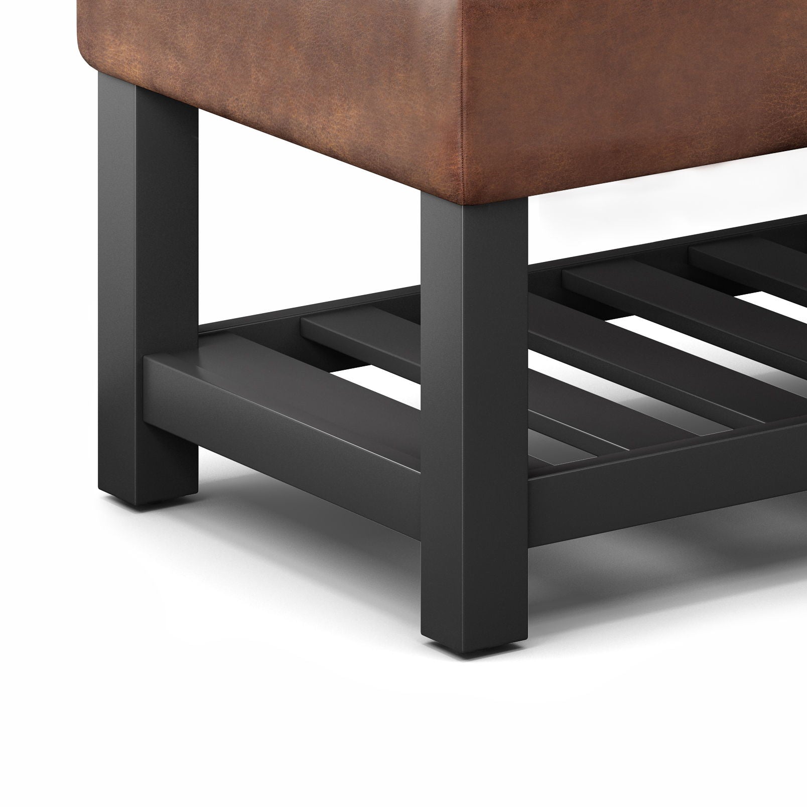 Close-up of the Cosmopolitan Storage Ottoman Bench With Open Bottom, showcasing its black metal leg, brown upholstered cushion, and open slatted shelf. The modern design features clean lines against a white background.
