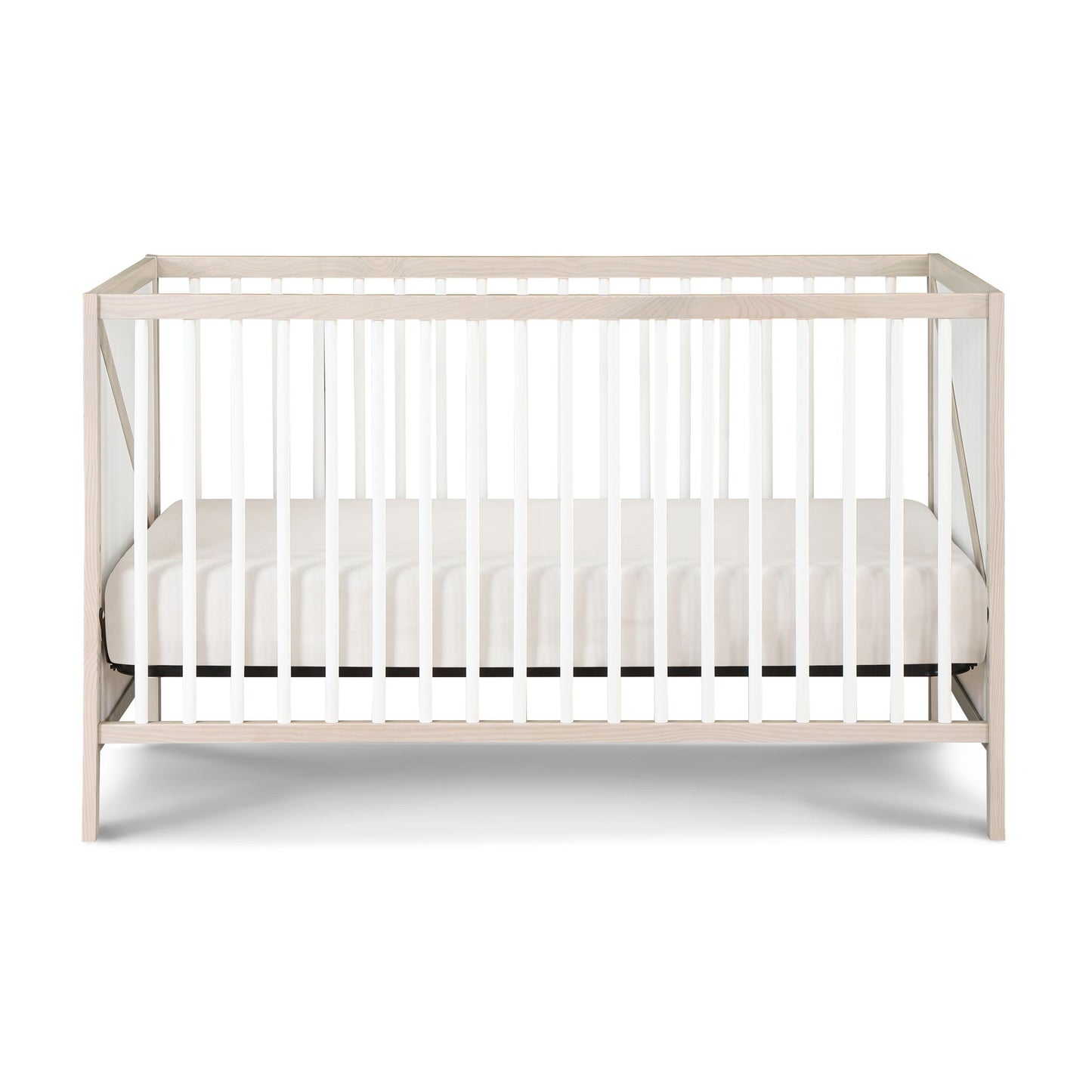The Pixie Zen 3-in-1 Crib in Walnut, featuring white slats and a matching white mattress, is displayed against a plain white background.