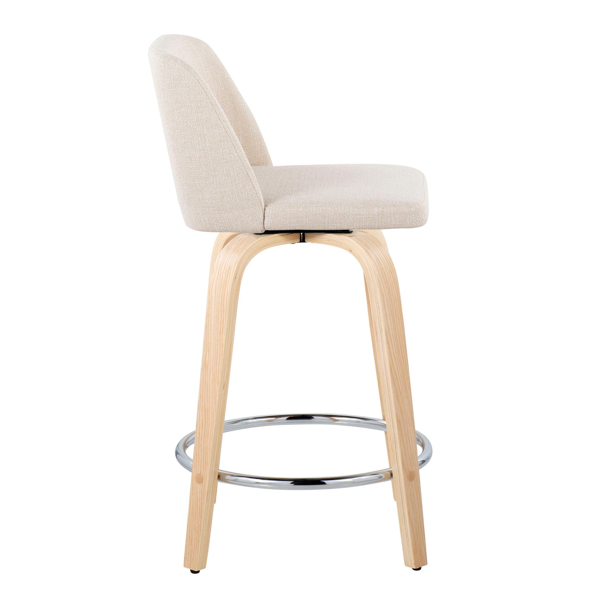 Side view of the Toriano Contemporary Fixed Height Counter Stool, featuring a light beige cushioned seat and backrest, swivel function, light wood legs, and a round chrome footrest. Sold as a set of 2.