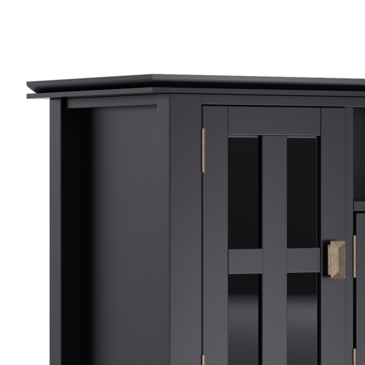 Close-up of the upper corner of the Artisan - TV Media Stand, showcasing its modern, angular design with glass-paneled doors, brass hinges, and a flat overhanging top in sleek black.