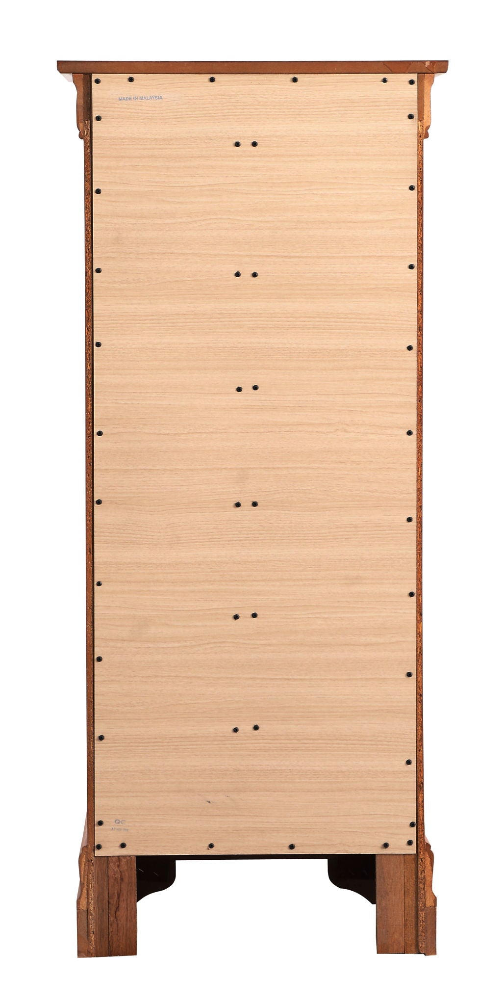 The Traditional Style Lingerie Storage Chest Timeless features a light-colored back panel secured with black screws, contrasting with its darker wood edges and legs.
