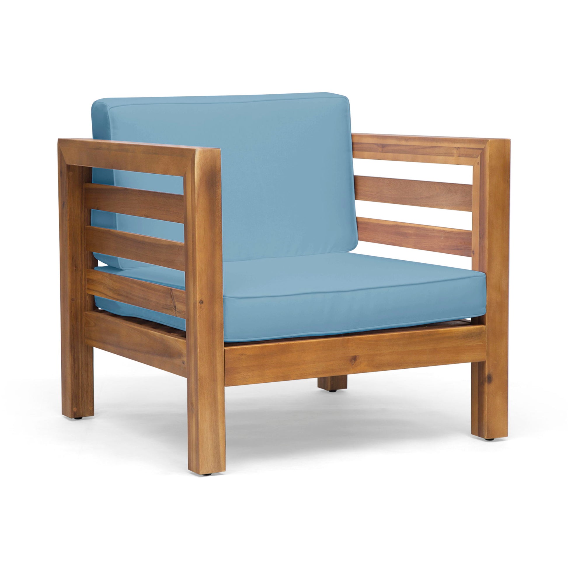 The Outdoor Acacia Wood Patio Chair With Fabric Cushion features a slatted back and sides, modern wooden frame, and light blue seat and back cushions. Its simple design is shown against a plain white background.