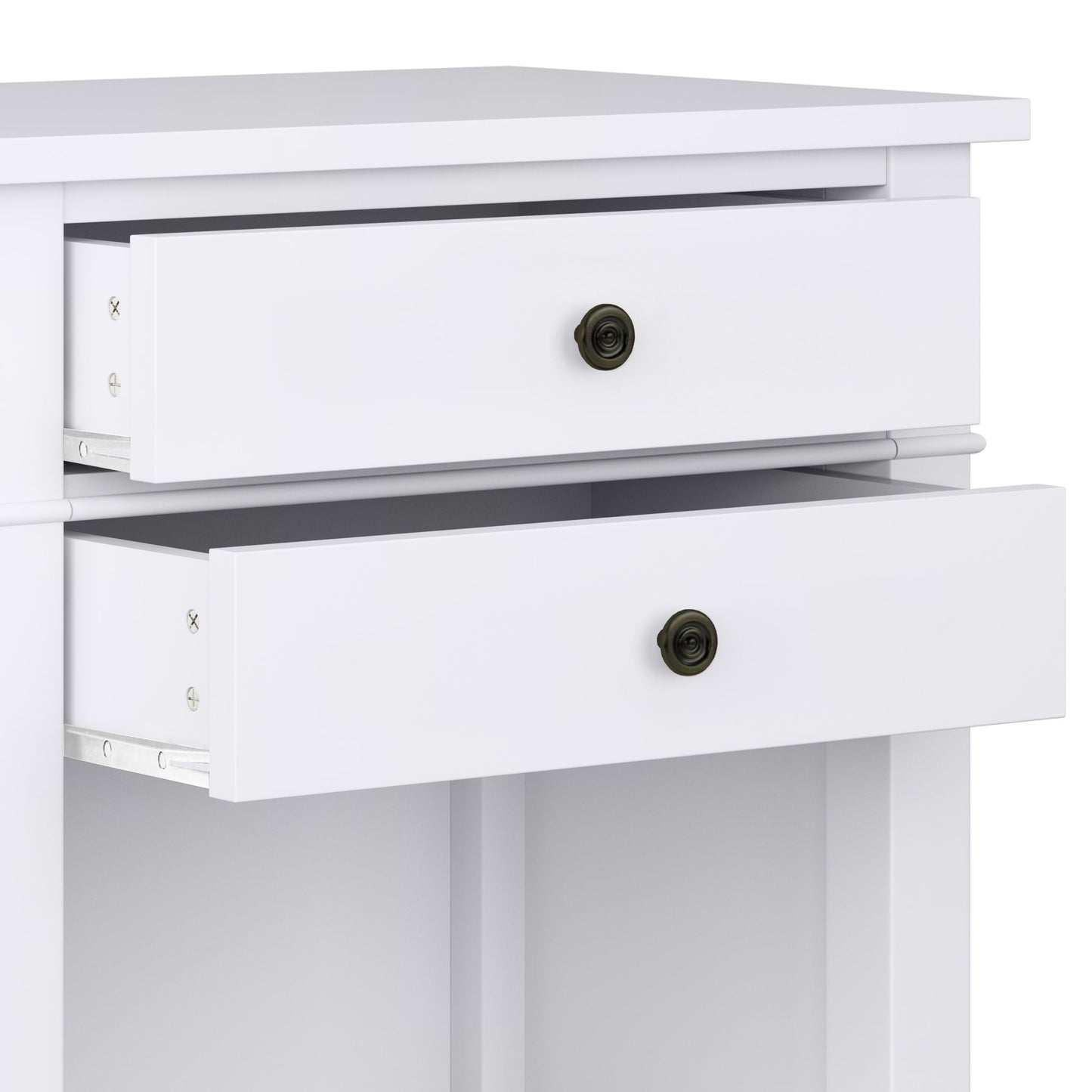 A close-up of the Carlton - Bedside Table, Handcrafted, shows its white finish and two partially open drawers with round, dark metal knobs. The bedside table boasts a simple, modern design with clean lines.