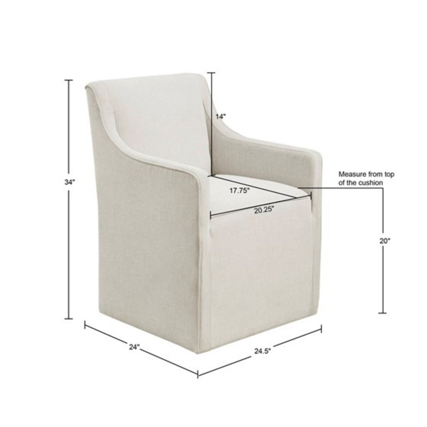 The Traditional Skirted Dining Arm Chair in light beige measures 34" high, 24" deep, 24.5" wide, with a 14" arm height, 17.75" seat depth, 20.25" seat width, and a seat height of 20" from the top of the cushion.