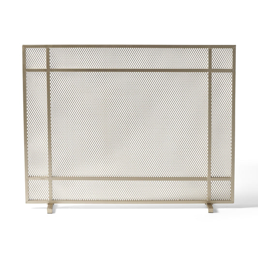 The Elegant Iron Fire Screen For Fireplace Protection features a rectangular design with a light beige finish, fine mesh center, solid frame, and stands upright on two short feet.