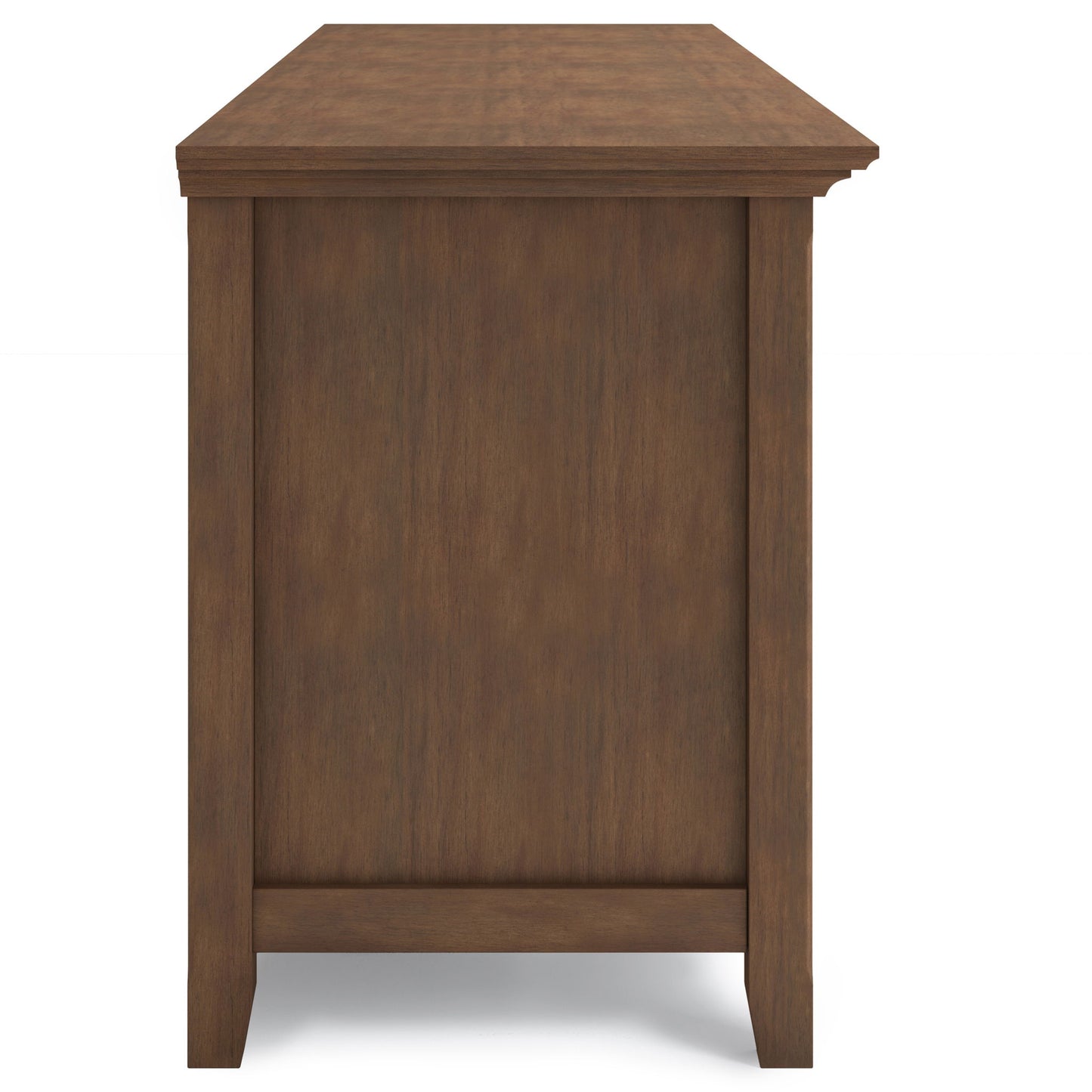 Side view of the Amherst Wide TV Media Stand featuring a rectangular top and simple, straight legs. Finished in rustic natural aged brown wood with a smooth texture, set against a plain white background.