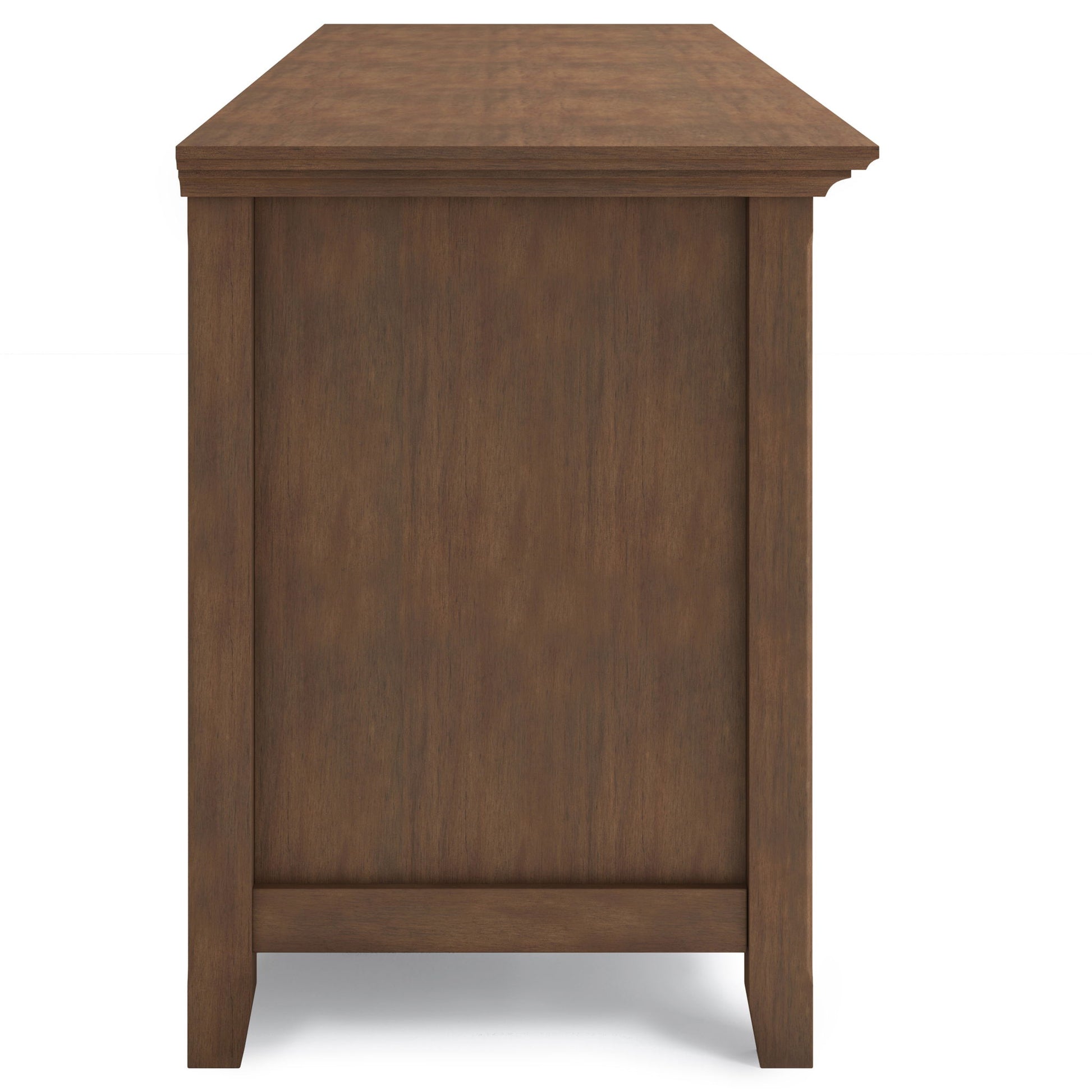Side view of the Amherst Wide TV Media Stand featuring a rectangular top and simple, straight legs. Finished in rustic natural aged brown wood with a smooth texture, set against a plain white background.