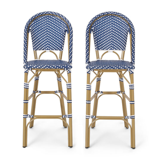 The Outdoor Pe Rattan French Barstool Set includes two high-backed bar stools with brown legs and blue-and-white woven seats and backs, featuring classic bistro style and white decorative accents.