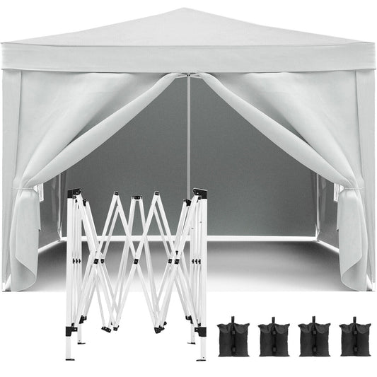 The 10'X10' Folding Canopy includes a sturdy frame, 4 removable sidewalls, 4 weight bags, and a carry bag—ideal for outdoor events like parties or camping. Shown: canopy with curtains drawn back and included metal frame and black sandbags in front.