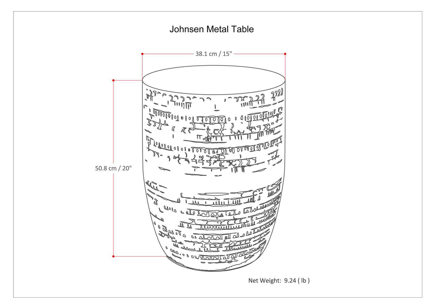 Line drawing of the Johnsen - Handcrafted Large Metal Accent Table, featuring a 38.1 cm (15") diameter, 50.8 cm (20") height, 9.24 lb net weight, and abstract markings on its rounded metal surface.