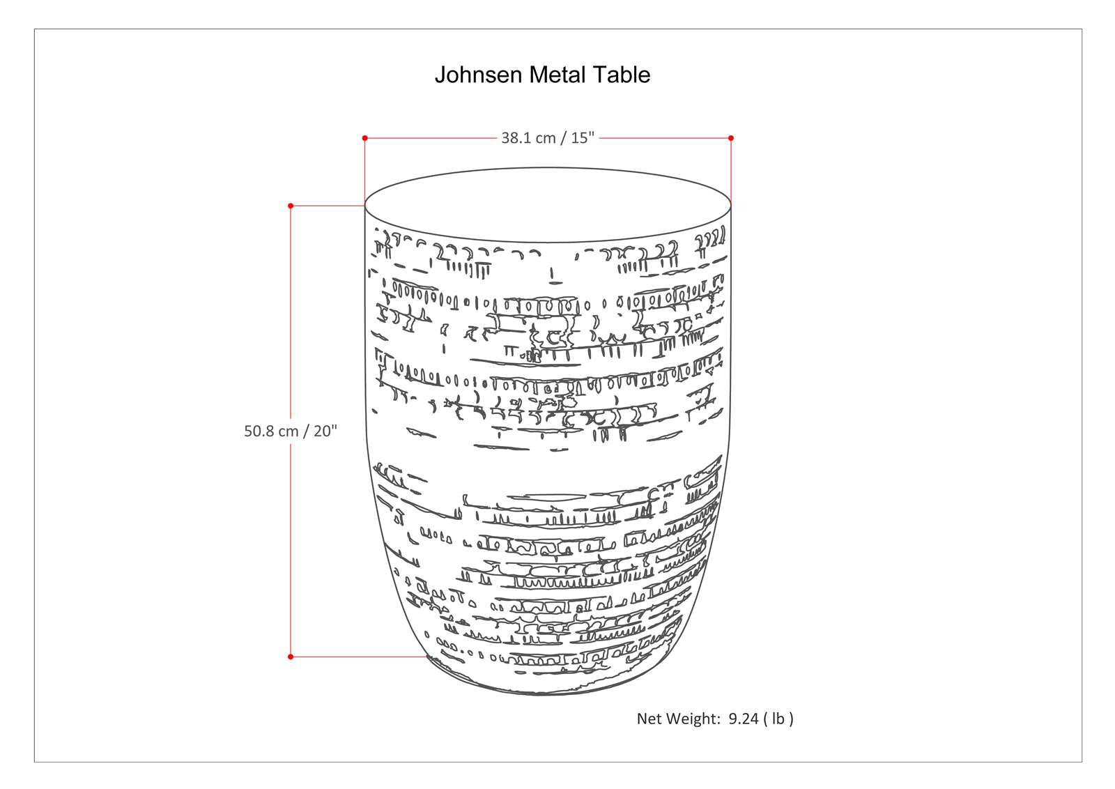 Line drawing of the Johnsen - Handcrafted Large Metal Accent Table, featuring a 38.1 cm (15") diameter, 50.8 cm (20") height, 9.24 lb net weight, and abstract markings on its rounded metal surface.