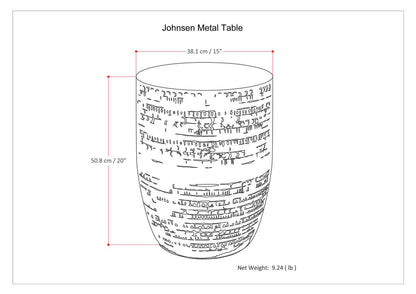 Line drawing of the Johnsen - Handcrafted Large Metal Accent Table, featuring a 38.1 cm (15") diameter, 50.8 cm (20") height, 9.24 lb net weight, and abstract markings on its rounded metal surface.