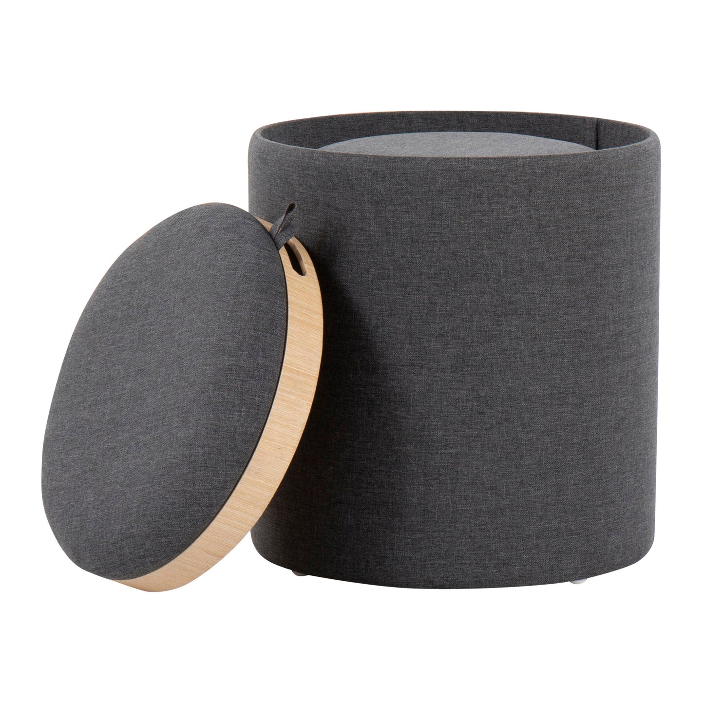 The Tray - Contemporary Nesting Ottoman Set features a round, dark gray fabric ottoman with a removable lid that reveals interior storage. The lid has a light wood edge and black handle, and the ottoman stands on small feet.