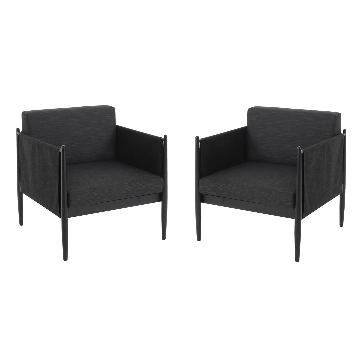 Two Dawson Club Chairs with modern black square frames, wide seats, low backs, straight armrests, and slender tapered legs sit side by side against a white background.