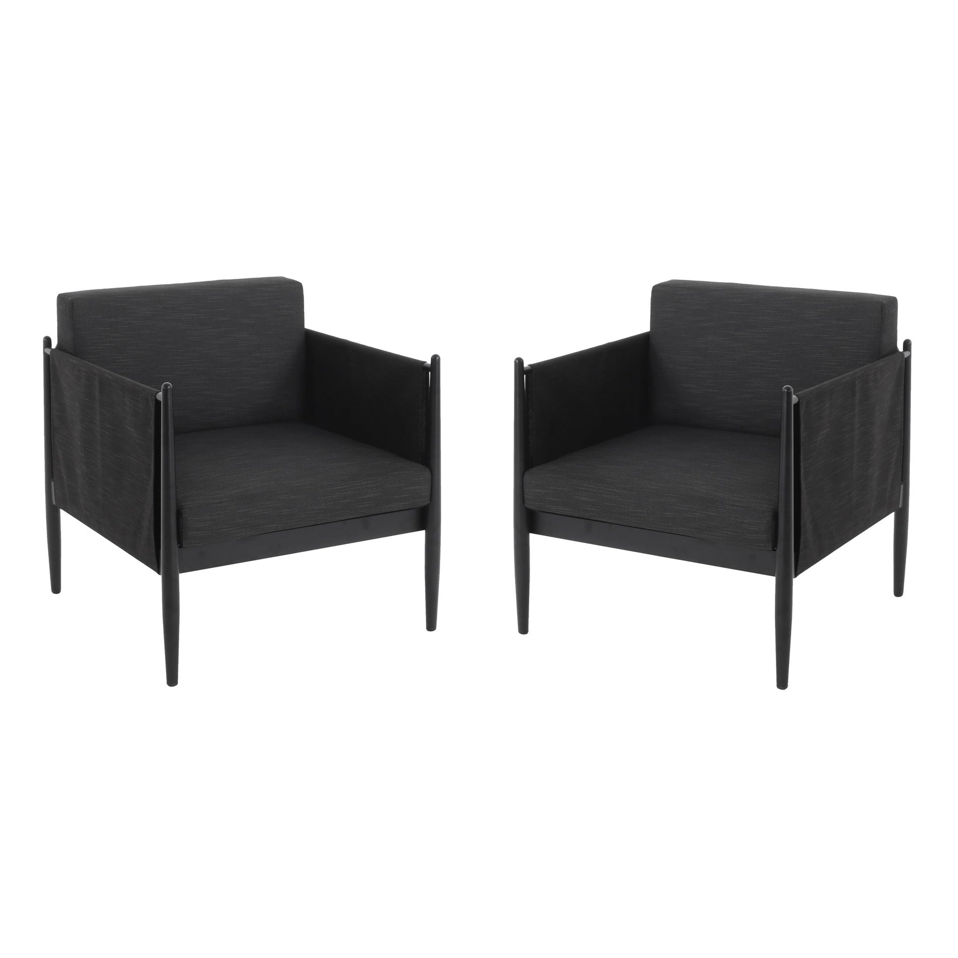 Two Dawson Club Chairs with modern black square frames, wide seats, low backs, straight armrests, and slender tapered legs sit side by side against a white background.