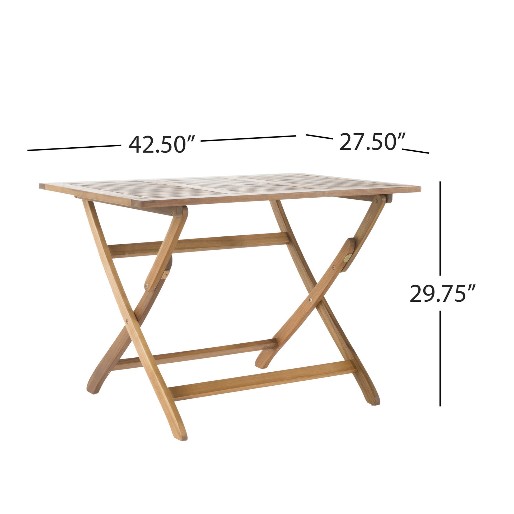 The Blissique Outdoor Foldable Wood Dining Table features a slat design, crossed legs, and a natural wood finish. Dimensions: 42.50"W x 27.50"D x 29.75"H. Perfect for outdoor dining with its stylish and functional foldable build.