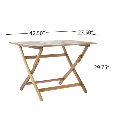 The Blissique Outdoor Foldable Wood Dining Table features a slat design, crossed legs, and a natural wood finish. Dimensions: 42.50"W x 27.50"D x 29.75"H. Perfect for outdoor dining with its stylish and functional foldable build.