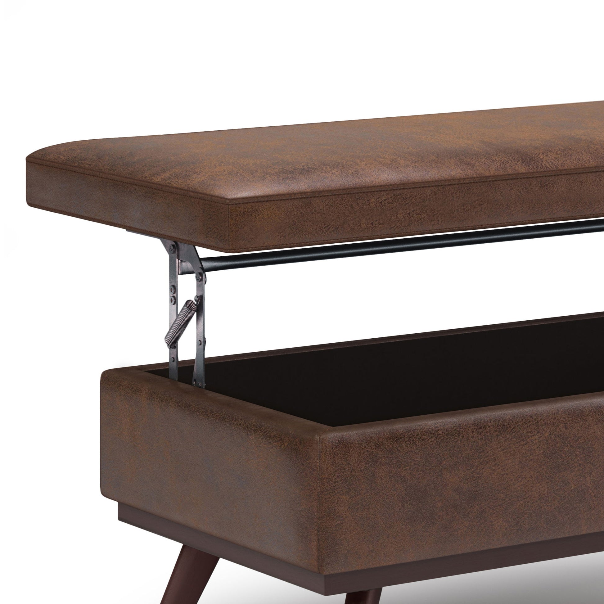 The Owen Lift Top Large Coffee Table Storage Ottoman features a brown, leather-like upholstered seat with hidden storage beneath and angled wooden legs, boasting mid-century style.