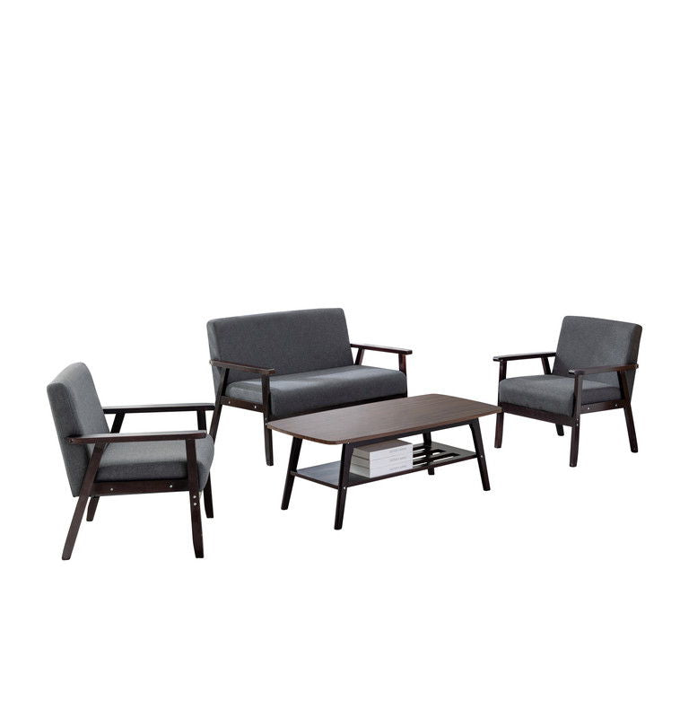 The Bahamas Living Room Set features a dark wood coffee table, a gray two-seater upholstered sofa, and two matching gray armchairs with wooden armrests and legs, all arranged on a white background.