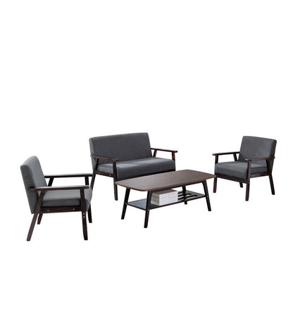 The Bahamas Living Room Set features a dark wood coffee table, a gray two-seater upholstered sofa, and two matching gray armchairs with wooden armrests and legs, all arranged on a white background.