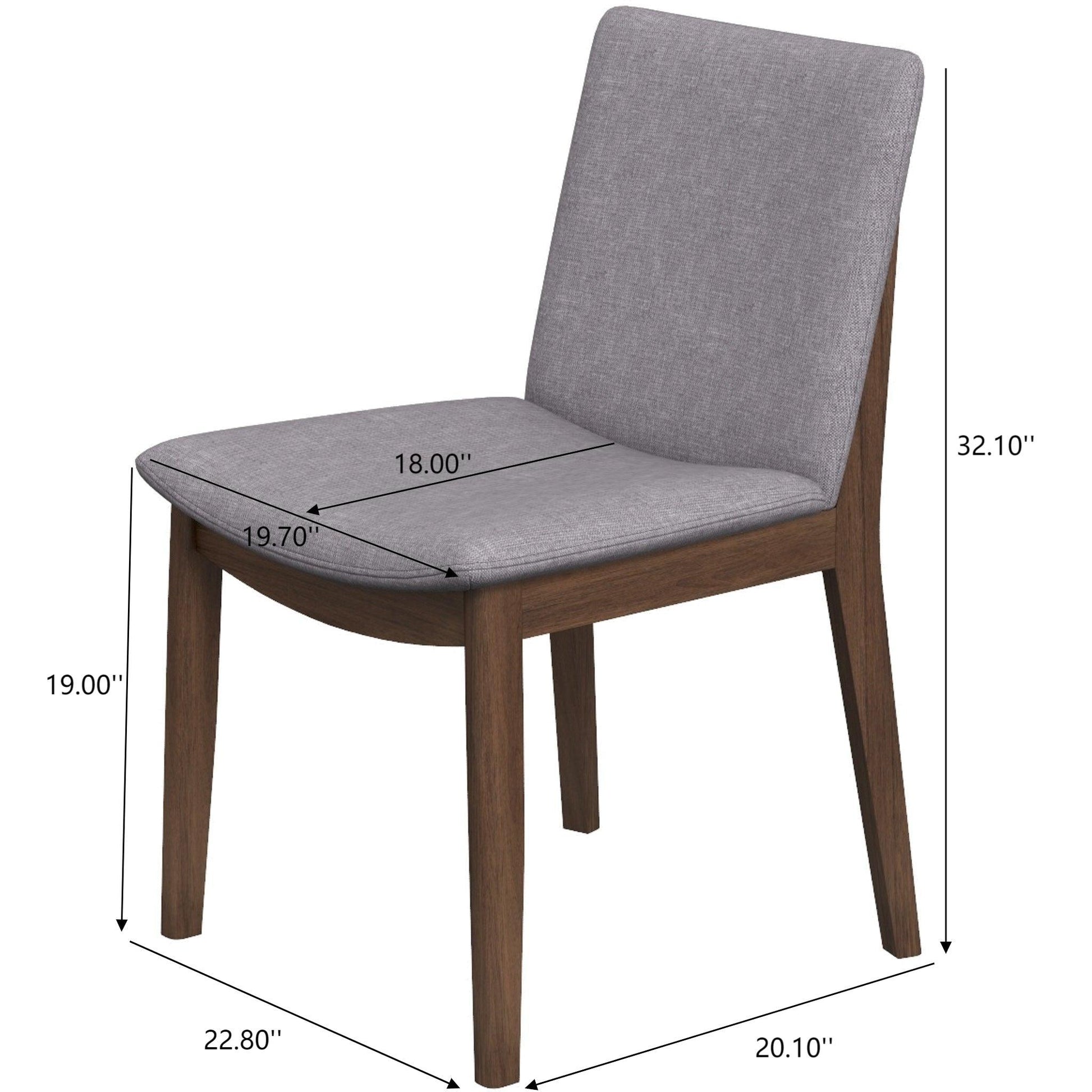 The Laura Mid-Century Modern Solid Wood Dining Chair (Set of 2) features a gray upholstered seat and backrest, with overall dimensions: height 32.10", seat height 19.00", seat depth 18.00", seat width 19.70", width 20.10", depth 22.80".