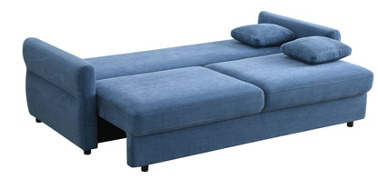 The Haran Pull Out Sleeper Sofa With Storage is a blue sofa bed featuring two matching cushions, a textured fabric design, and small black legs.