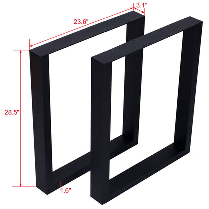 Two Square Table Legs (set of 2), heavy duty steel in black, are shown upright. One leg displays red measurements: 28.5" height, 23.6" width, 3.1" thickness, and 1.6" depth—ideal for desks or dining tables.