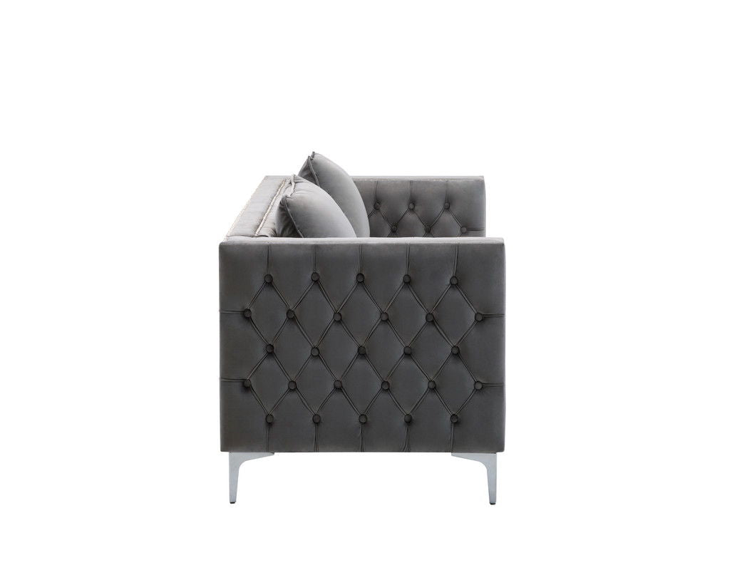 Side view of the Lorreto - Velvet Fabric Living Room Set in modern gray, featuring tufted design, two matching gray cushions, and metal legs, shown against a plain white background.