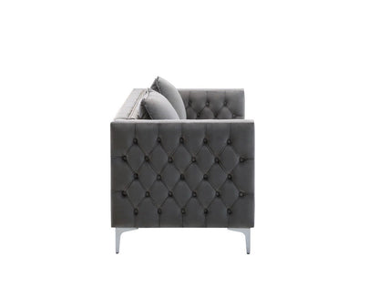 Side view of the Lorreto - Velvet Fabric Living Room Set in modern gray, featuring tufted design, two matching gray cushions, and metal legs, shown against a plain white background.