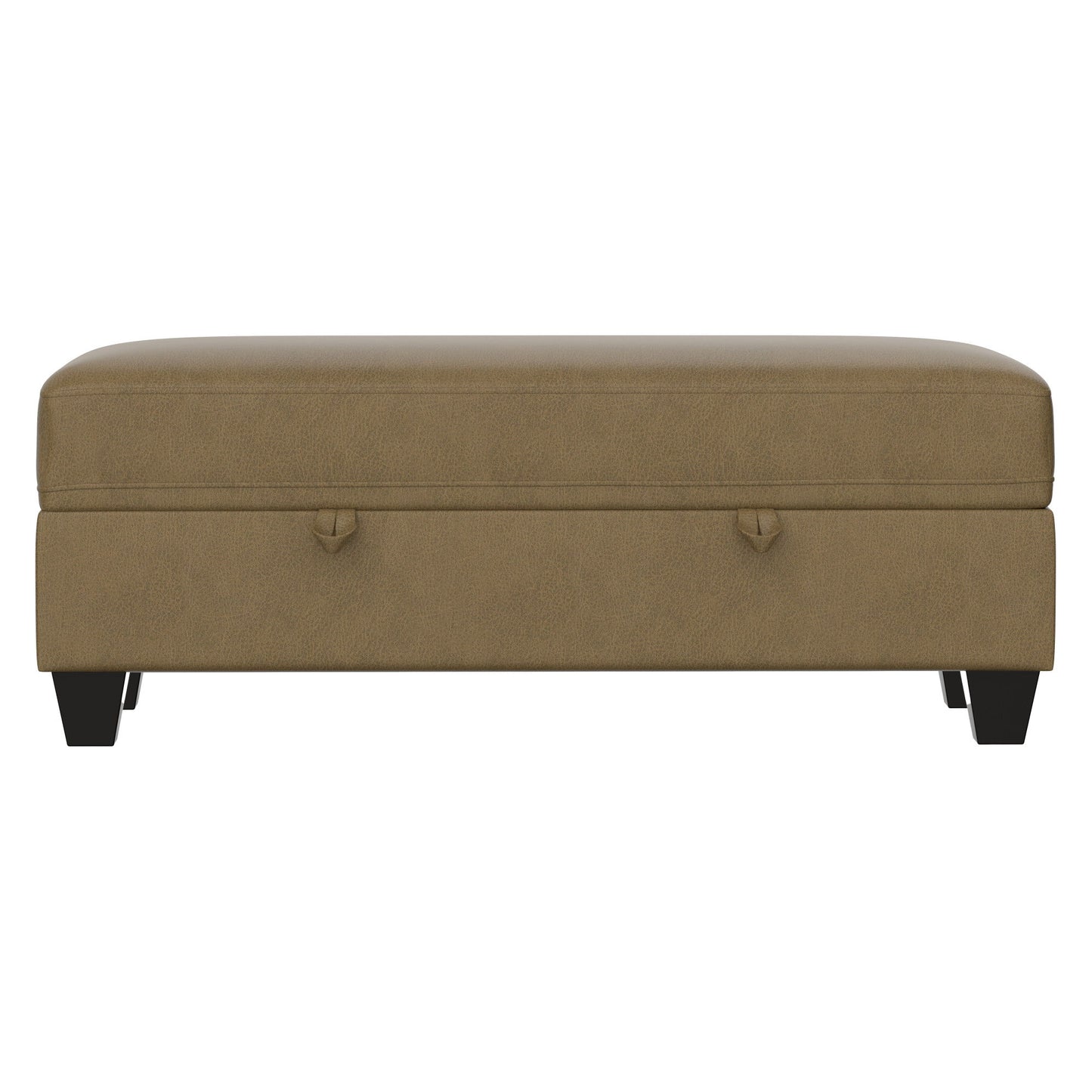 The Drason Storage Ottoman is rectangular, light brown with a smooth upholstered surface, short black legs, and two small pull handles on the front panel.