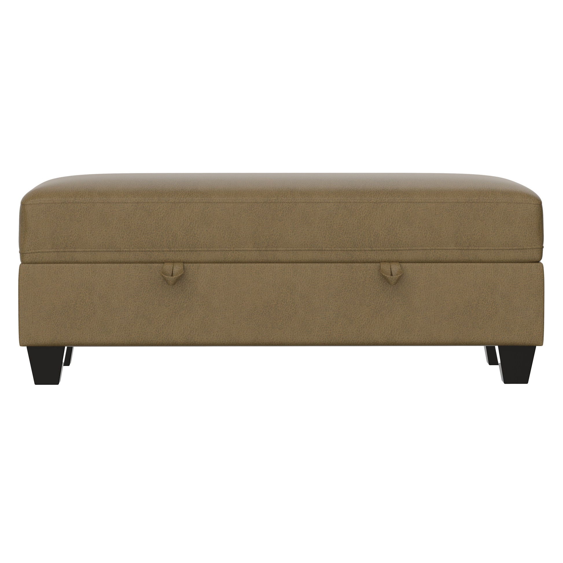 The Drason Storage Ottoman is rectangular, light brown with a smooth upholstered surface, short black legs, and two small pull handles on the front panel.