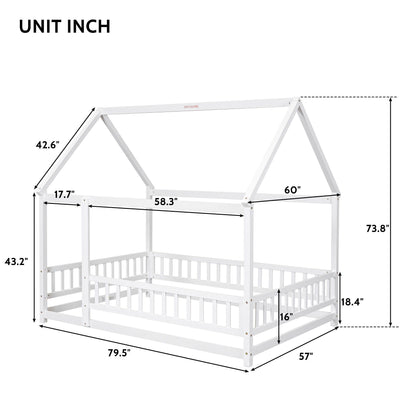 Floor Wooden Bed With House Roof Frame, Fence Guardrails, shown in white with dimensions: 79.5" wide, roof lengths 58.3"/60", depth 57", heights 43.2", 42.6", 18.4", 16", and vertical sections measuring 17.7".