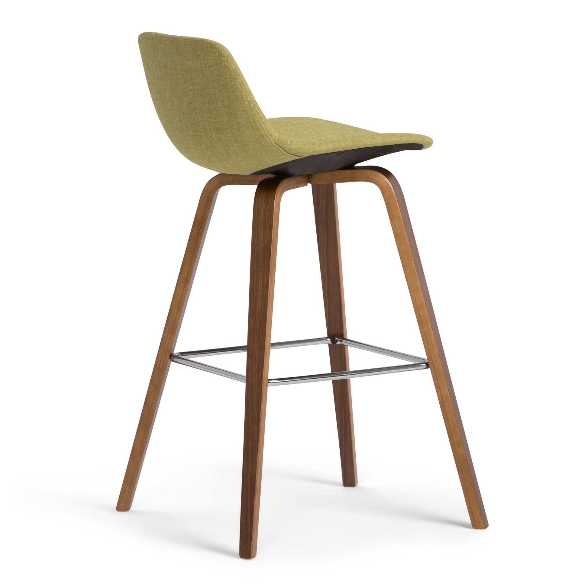 The Randolph Bentwood Counter/Bar Height Stool (Set of 2) features a light green cushioned seat, wooden legs, and a metal footrest, shown against a plain white background.