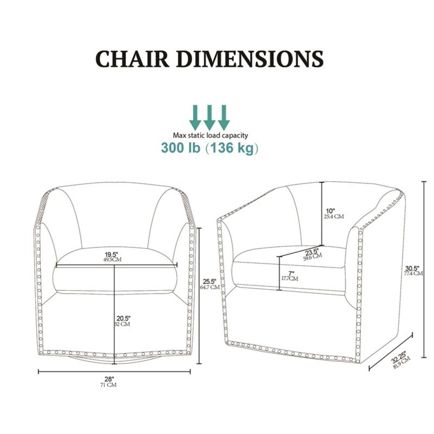 Line drawing of the Luxurious Chair With 360 Degree Rotation, labeled with dimensions: height 30.5", width 28", depth 26.5". Seat: width 19.5", depth 20.5", height 17". Max static load capacity is 300 lb (136 kg) above the chairs.