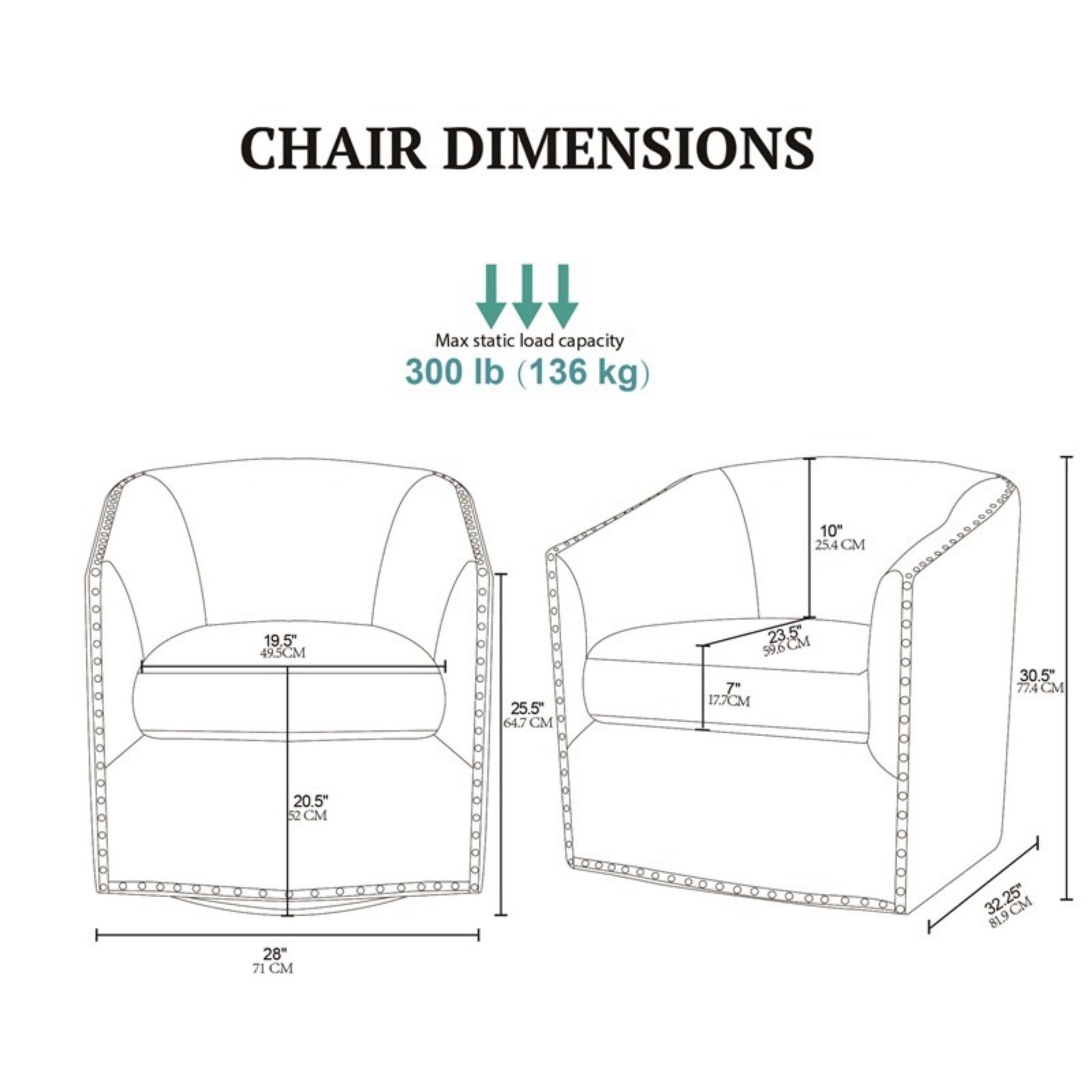 Line drawing of the Luxurious Chair With 360 Degree Rotation, labeled with dimensions: height 30.5", width 28", depth 26.5". Seat: width 19.5", depth 20.5", height 17". Max static load capacity is 300 lb (136 kg) above the chairs.