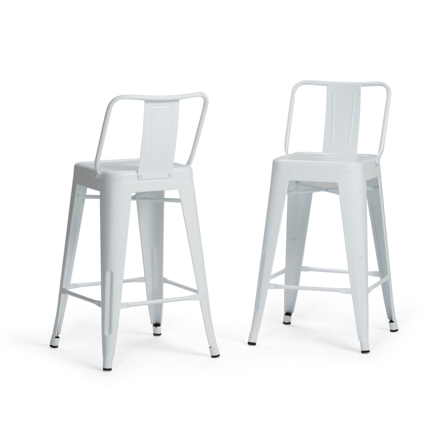 Two Rayne Multifunctional Metal Stools, tall and white with backrests and footrests, showcase a minimalist industrial design. Both are displayed side by side against a plain white background.